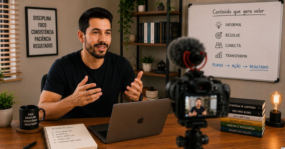 Pessoa produzindo conteúdo em um notebook enquanto conversa com uma câmera, construindo confiança, credibilidade e autoridade antes da primeira venda por meio de conteúdo útil e consistente no marketing digital.