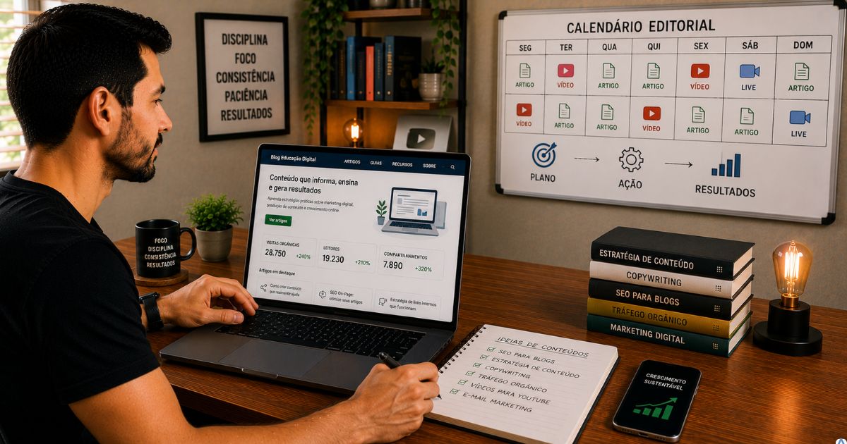 Pessoa publicando artigos e vídeos de forma consistente em um calendário editorial, notebook aberto e ambiente transmitindo organização, constância e crescimento sustentável.