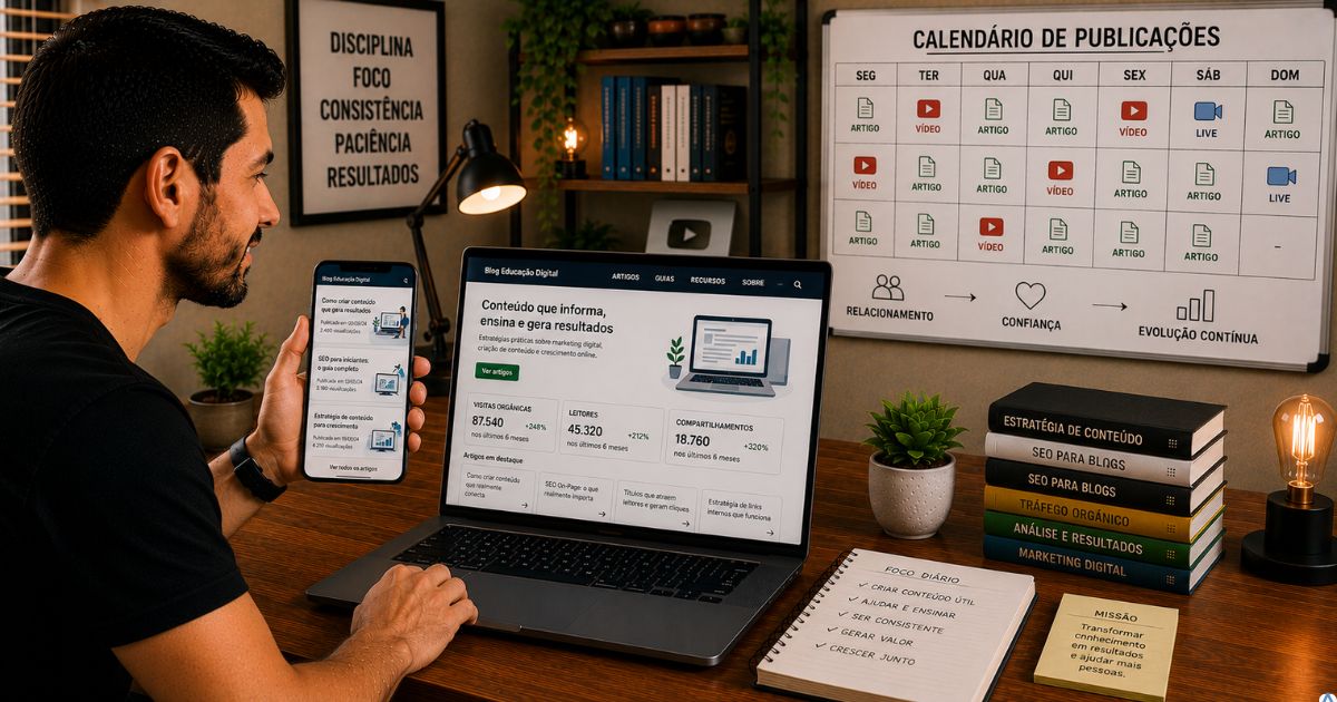 Pessoa acompanhando um blog ao longo do tempo em notebook e celular, calendário mostrando publicações consistentes e ambiente transmitindo relacionamento, confiança e evolução contínua.