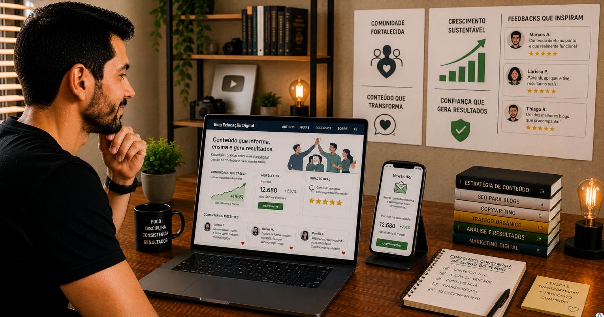 Pessoa observando o crescimento de uma comunidade em torno do seu blog, notebook mostrando comentários positivos, inscrições na newsletter e ambiente iluminado representando confiança construída ao longo do tempo.