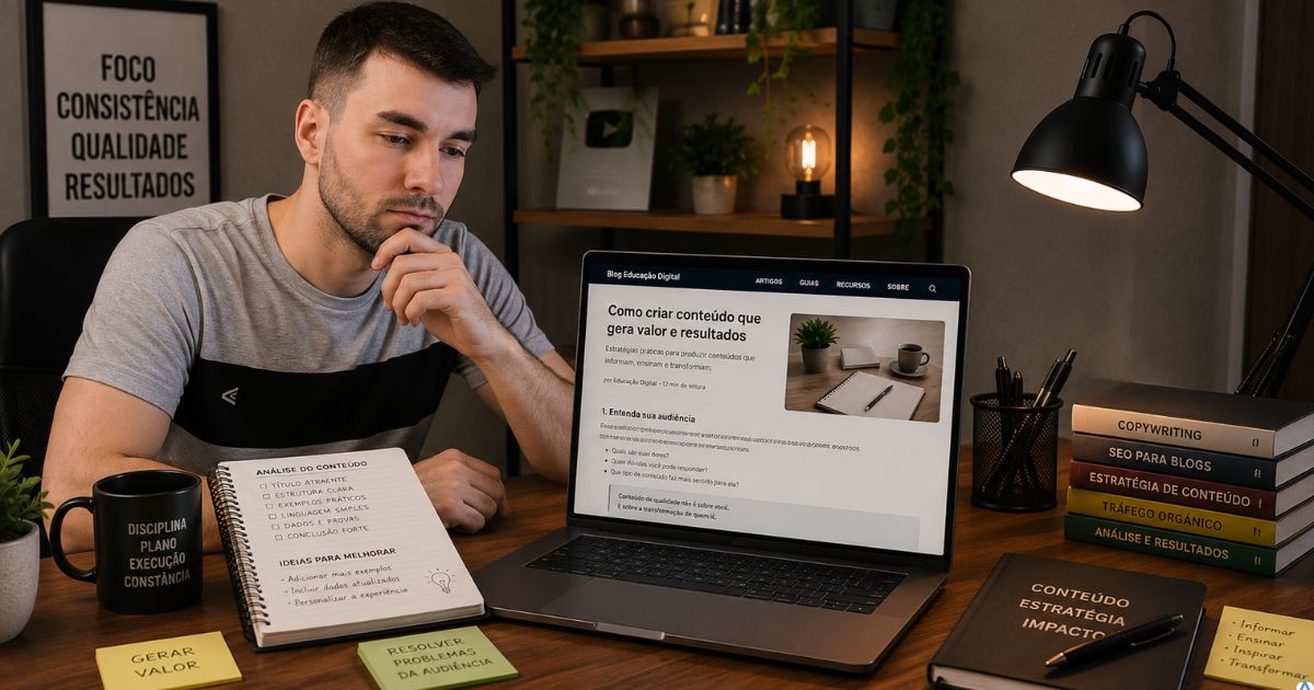 Pessoa analisando um artigo aberto no notebook enquanto consulta anota��es ao lado de uma x�cara de caf�, refletindo sobre qualidade, utilidade e gera��o de valor por meio de conte�do estrat�gico.