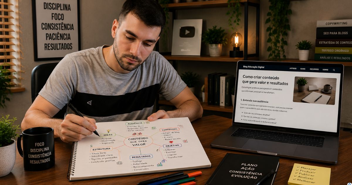 Pessoa montando um mapa mental em uma mesa ao lado do notebook, conectando ideias com linhas e anota��es, ambiente limpo e inspirador.