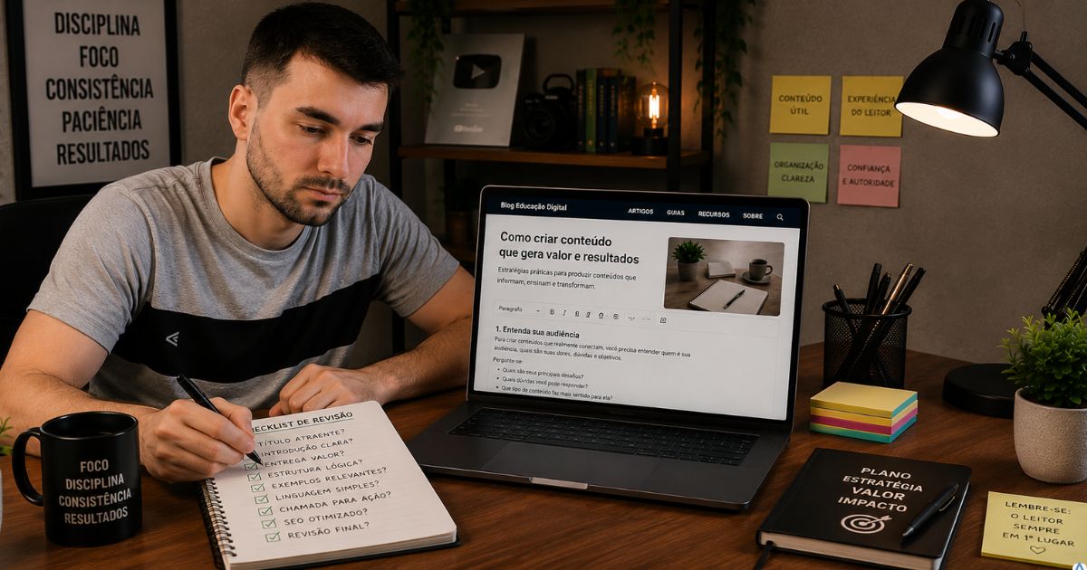 Pessoa revisando um artigo antes de publicar, com uma lista de perguntas ao lado do notebook, ambiente organizado transmitindo cuidado, estrat�gia e foco na experi�ncia do leitor.