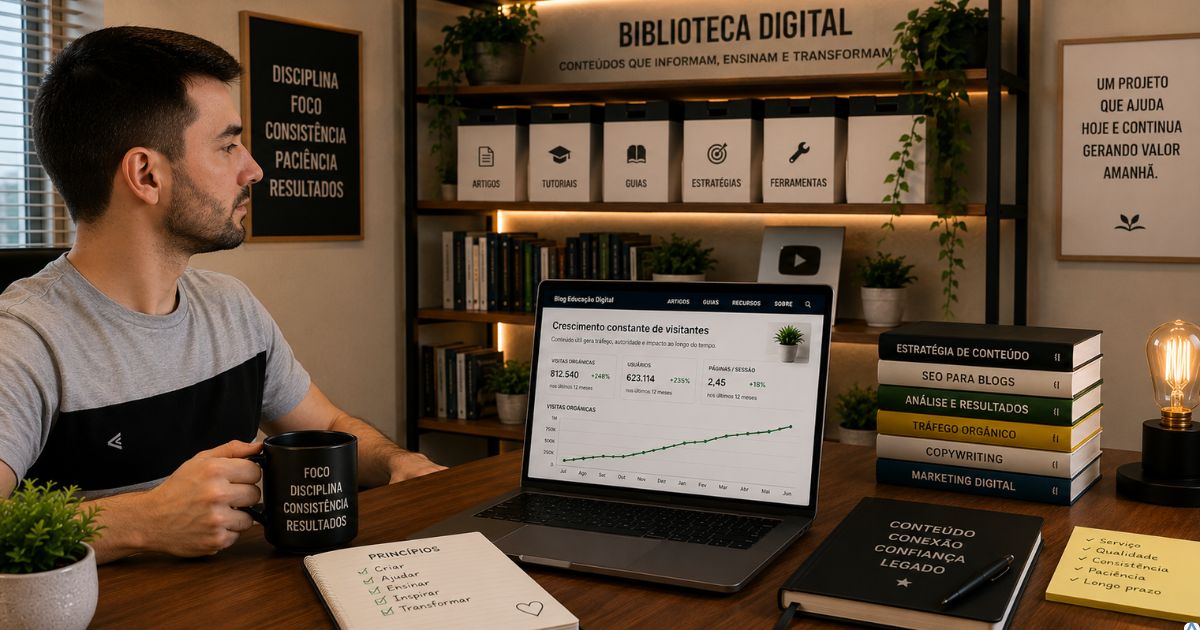 Biblioteca digital moderna simbolizando um acervo de conte�dos �teis, notebook exibindo crescimento constante de visitantes e uma pessoa observando o projeto com satisfa��o, ambiente iluminado transmitindo legado, confian�a e constru��o de longo prazo.
