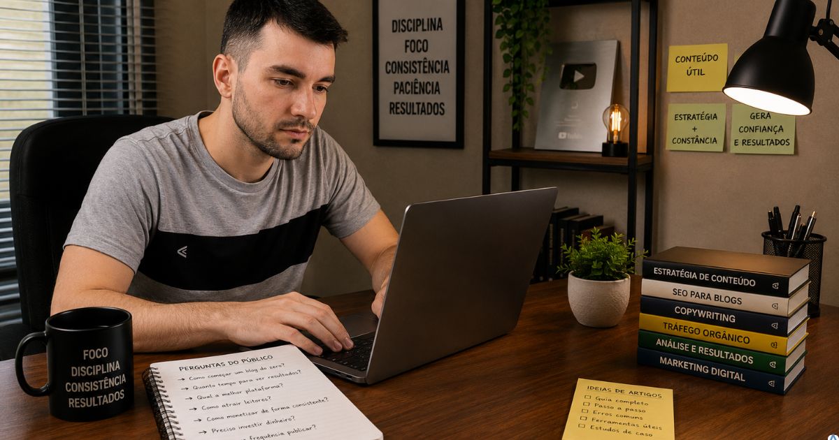 Pessoa produzindo conteúdo útil em um notebook enquanto consulta perguntas reais do público, representando a criação de conteúdos estratégicos que resolvem dúvidas, geram confiança e fortalecem a autoridade digital.