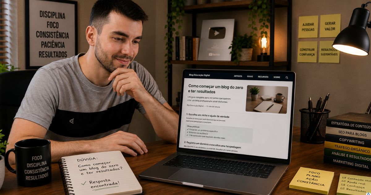 Pessoa pesquisando uma dúvida no notebook e encontrando um artigo claro e organizado, expressão de alívio e satisfação em ambiente moderno e acolhedor.
