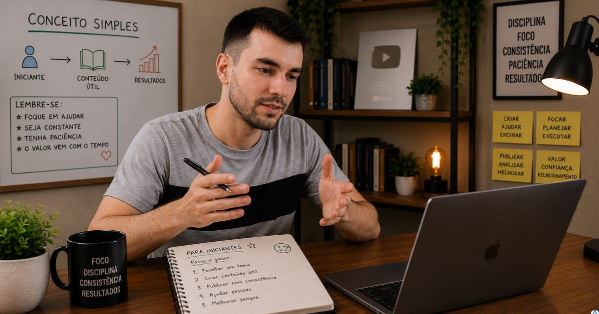 Criador de conteúdo explicando um conceito para um iniciante em frente ao notebook, quadro com anotações simples ao fundo e ambiente acolhedor transmitindo aprendizado, clareza e confiança.