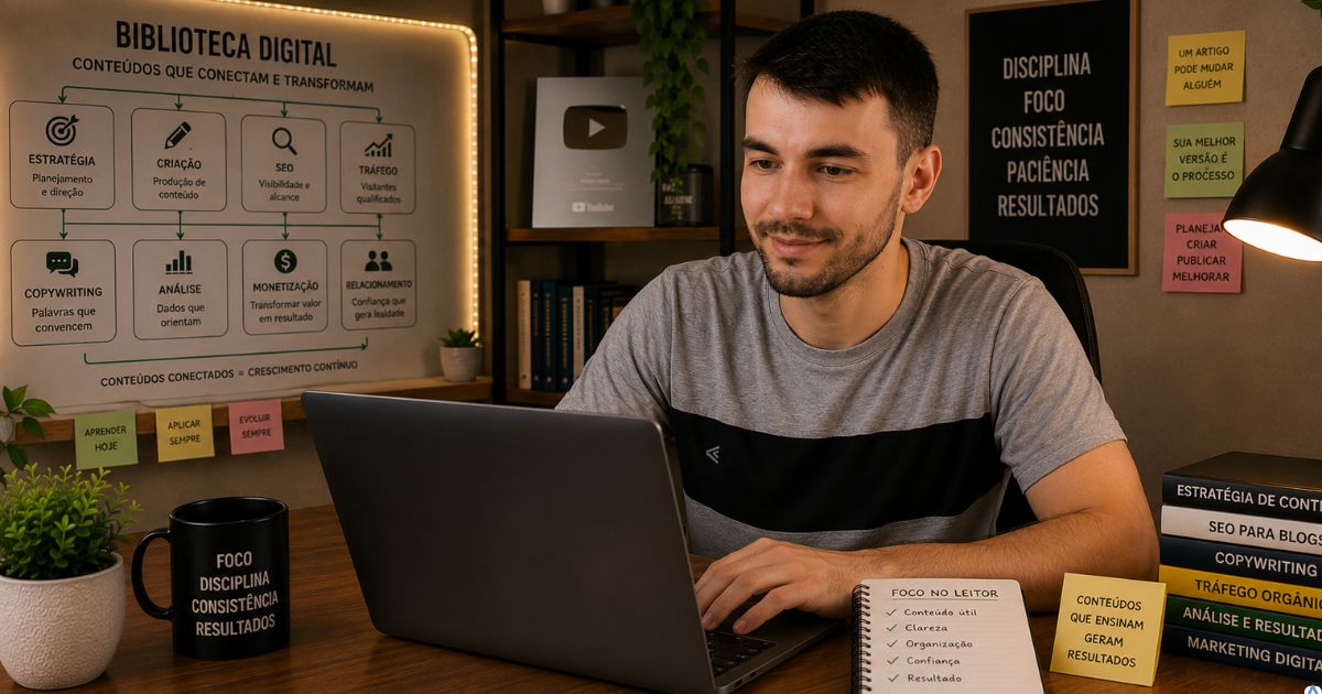 Biblioteca digital organizada com artigos conectados entre si, leitor satisfeito navegando pelo blog em um notebook e ambiente iluminado transmitindo crescimento contínuo, aprendizado e construção de ativos digitais.