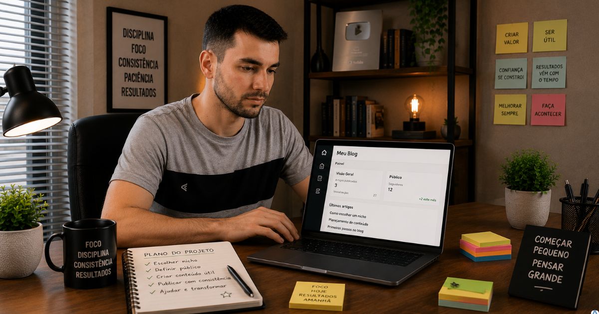 Pessoa iniciando um projeto digital em um notebook, com poucos seguidores vis�veis na tela, trabalhando com dedica��o em um ambiente organizado, demonstrando que confian�a e autoridade s�o constru�das por meio de conte�do �til, consist�ncia e autenticidade.