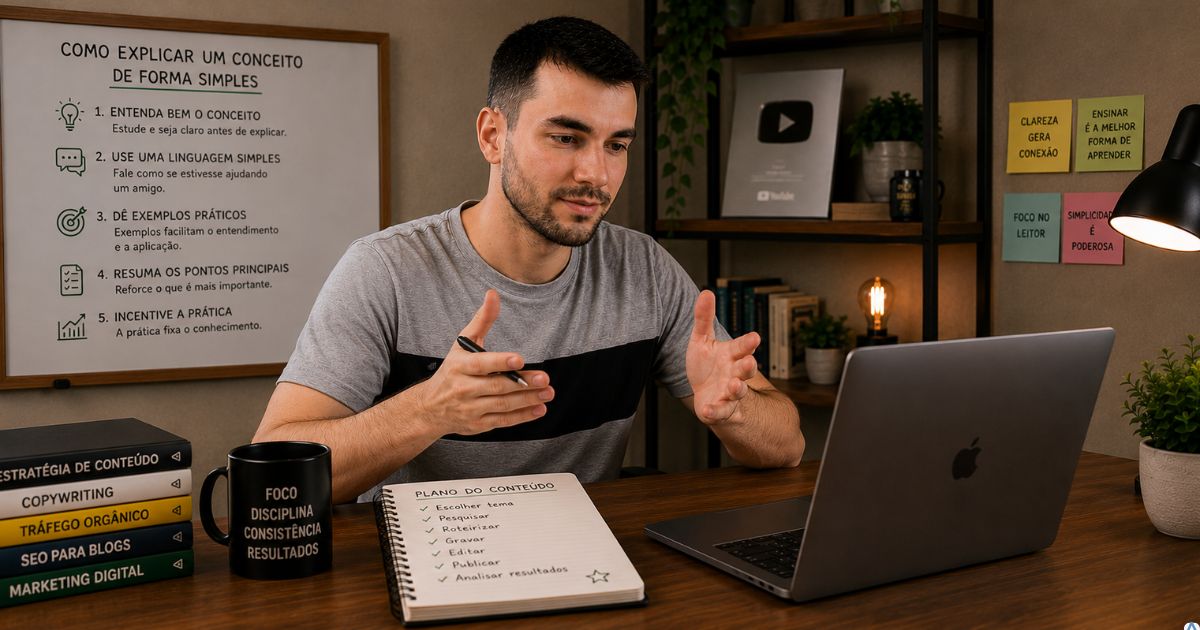 Criador de conte�do explicando um conceito de forma simples em frente ao notebook, ambiente acolhedor, quadro com anota��es organizadas e express�o de tranquilidade transmitindo clareza e confian�a.
