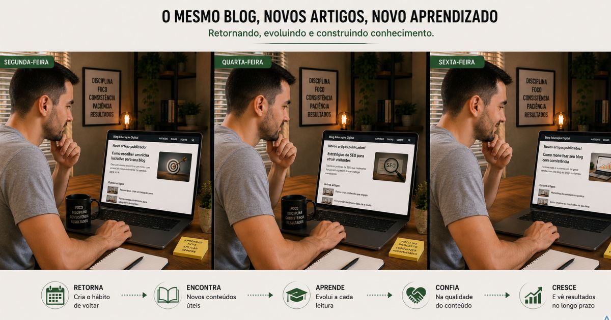 Leitor retornando ao mesmo blog em diferentes dias, notebook exibindo novos artigos publicados, ambiente organizado transmitindo fideliza��o, confian�a e aprendizado cont�nuo.