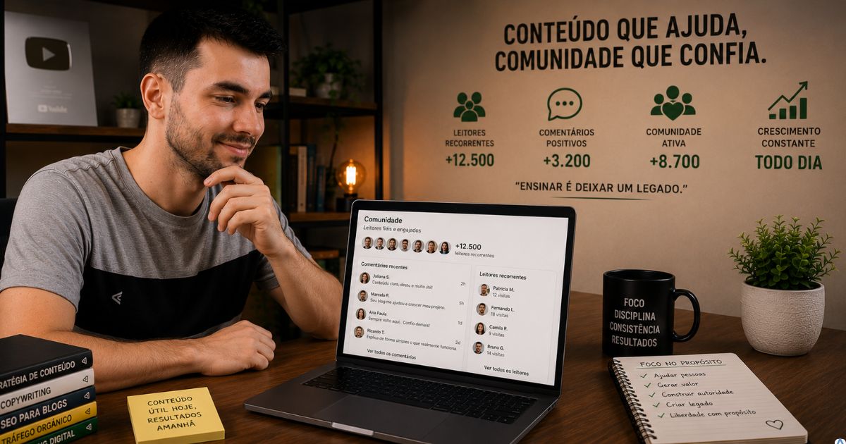 Pessoa observando o crescimento de uma comunidade fiel em torno do blog, notebook exibindo coment�rios positivos e leitores recorrentes, ambiente iluminado representando confian�a, credibilidade e constru��o de autoridade.