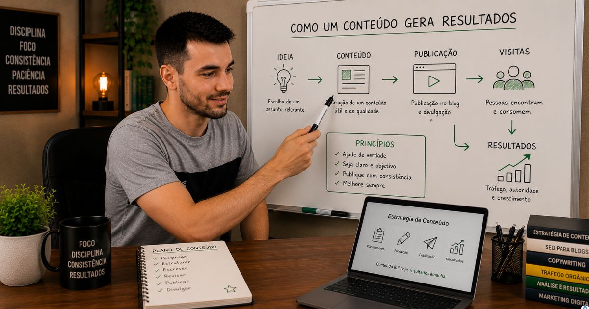 Pessoa explicando um conceito em um quadro branco ao lado de um notebook, utilizando desenhos simples, setas e exemplos visuais para tornar um assunto complexo mais f�cil de entender.