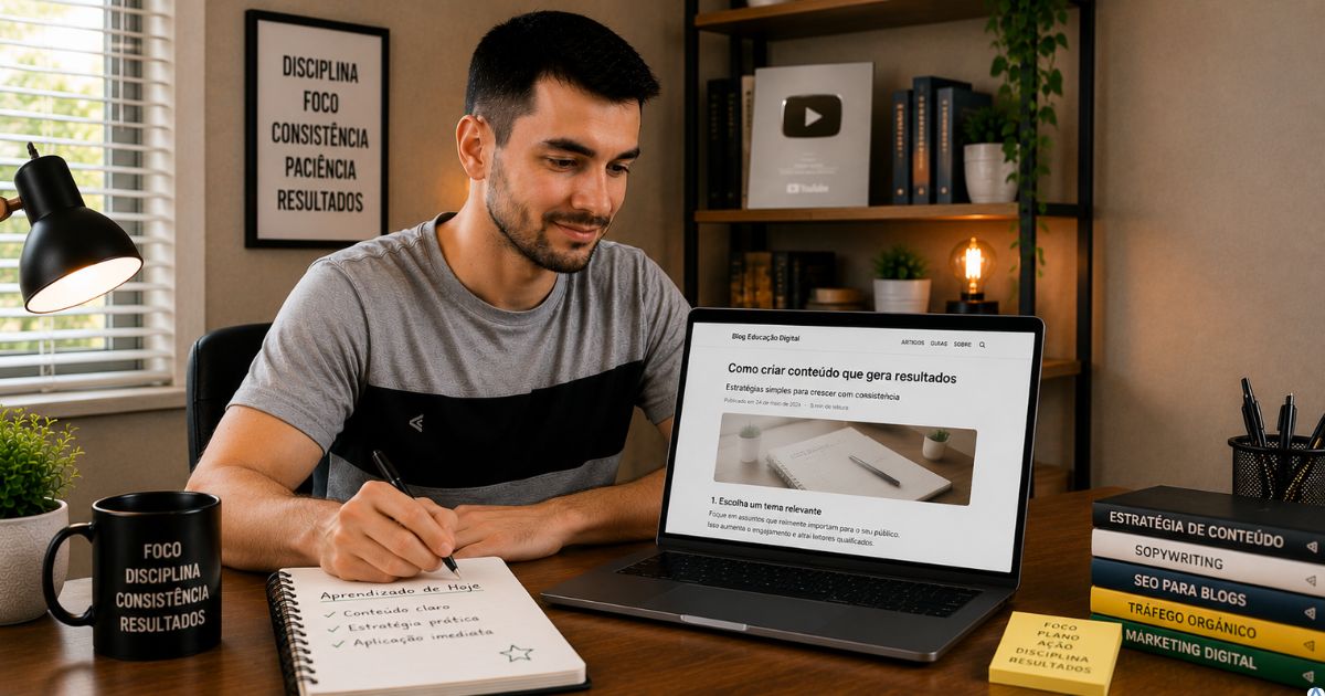Pessoa lendo um artigo claro em um notebook enquanto faz poucas anota��es em um caderno, express�o de compreens�o e ambiente iluminado transmitindo facilidade no aprendizado.