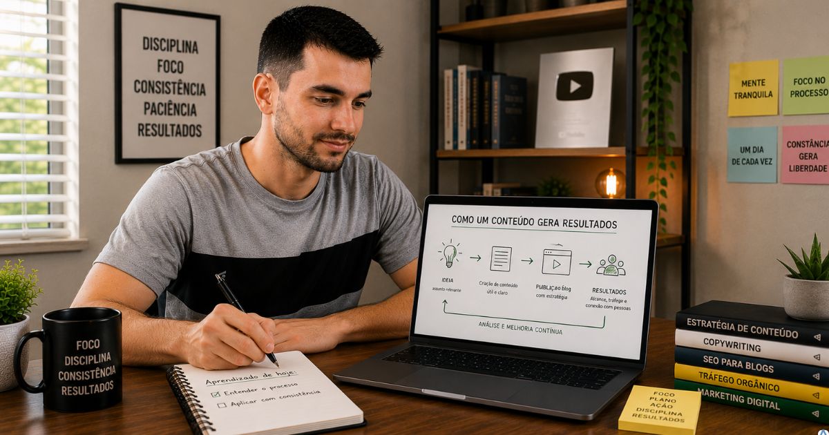 Pessoa estudando com tranquilidade em frente ao notebook, acompanhando um esquema visual organizado, ambiente claro transmitindo foco, compreens�o e redu��o da ansiedade durante o aprendizado.