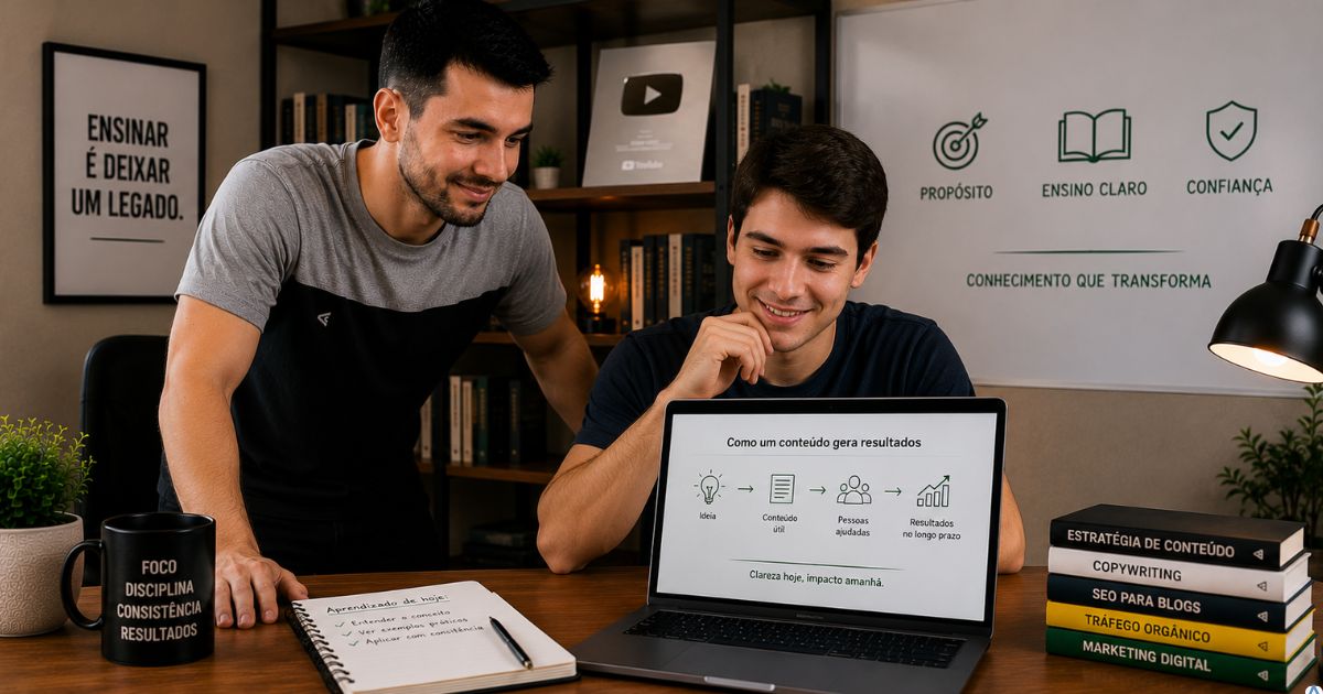 Professor ou criador de conte�do sorrindo enquanto observa um leitor compreendendo um conceito em um notebook, ambiente moderno representando ensino claro, confian�a e constru��o de conhecimento duradouro.