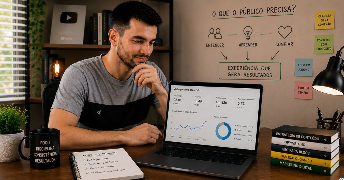 Criador de conte�do observando gr�ficos e m�tricas no notebook enquanto reflete sobre a experi�ncia do p�blico, mostrando que produzir conte�do pensando apenas no algoritmo pode comprometer a constru��o de autoridade, confian�a e resultados sustent�veis.