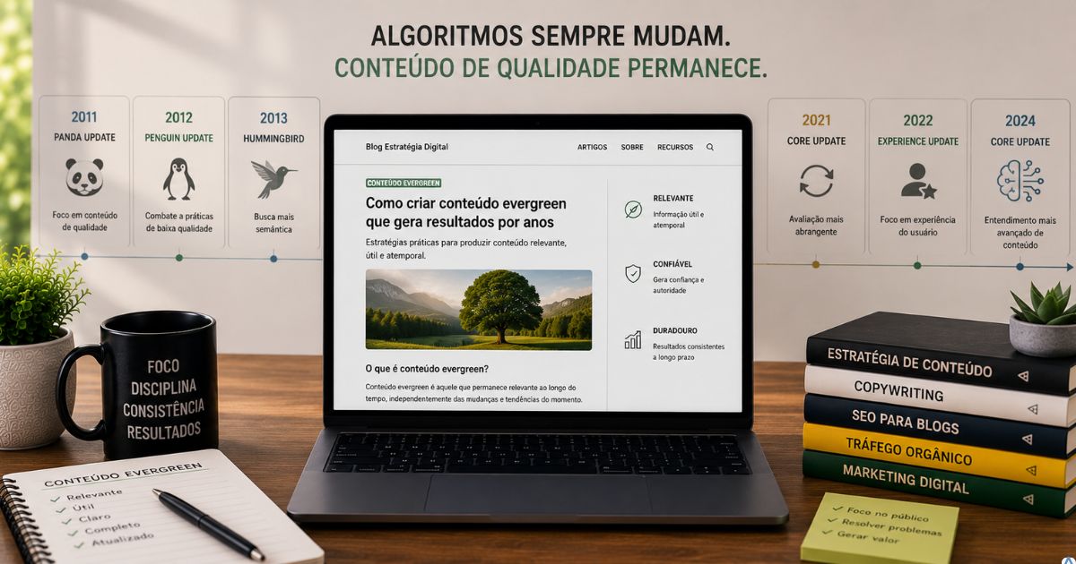 Notebook exibindo um artigo evergreen enquanto gr�ficos ao fundo mostram atualiza��es de algoritmos, simbolizando estabilidade em meio �s mudan�as tecnol�gicas.