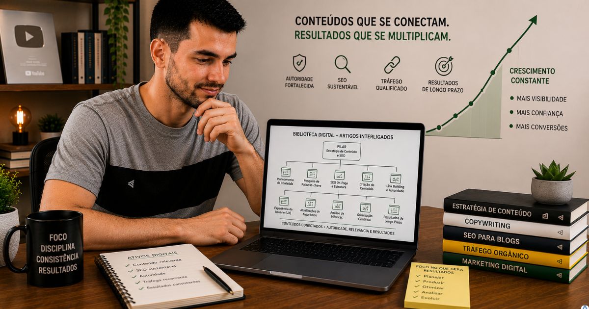 Biblioteca digital composta por diversos artigos interligados em um notebook, ao fundo gr�ficos de crescimento constante representando autoridade, SEO sustent�vel e constru��o de ativos digitais de longo prazo.