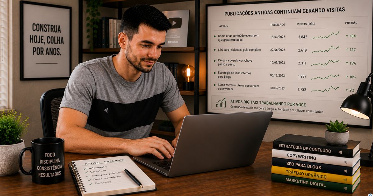 Criador de conteúdo trabalhando em um artigo no notebook enquanto ao fundo aparecem publicações antigas ainda recebendo visitas, representando conteúdo evergreen, construção de ativos digitais e crescimento sustentável no longo prazo.