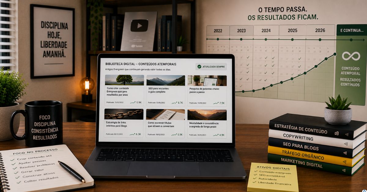 Biblioteca digital organizada exibindo artigos atemporais em um notebook, calendário ao fundo mostrando a passagem do tempo e ambiente representando consistência e crescimento sustentável.