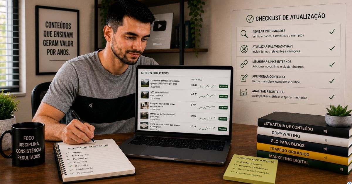 Criador de conteúdo revisando artigos antigos em um notebook, checklist de atualizações ao lado e ambiente organizado transmitindo manutenção, melhoria contínua e estratégia de longo prazo.