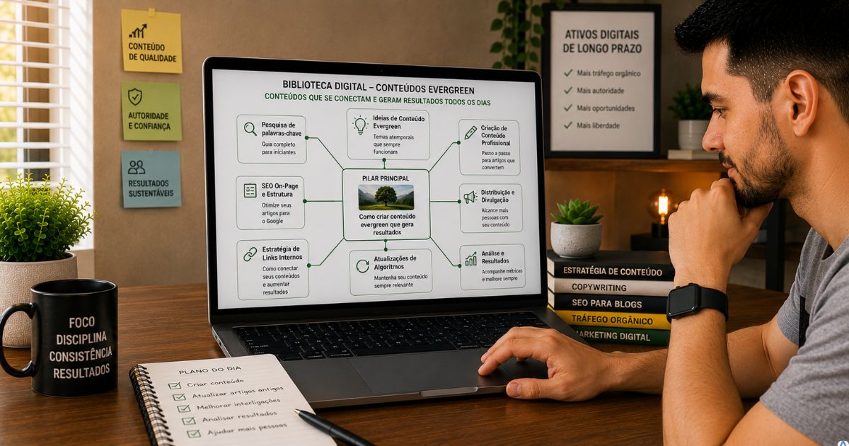 Grande biblioteca digital interligando artigos evergreen em um notebook, leitor navegando por diferentes conteúdos e ambiente iluminado representando crescimento orgânico, autoridade e construção contínua de ativos digitais.