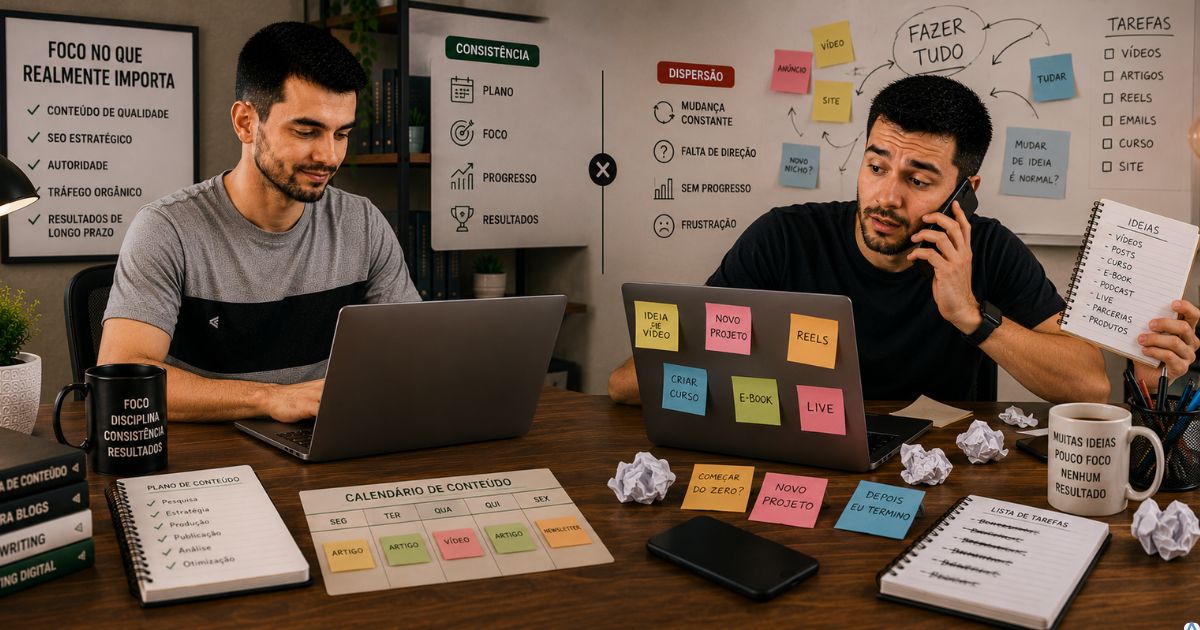 Duas pessoas trabalhando em projetos de marketing digital lado a lado. Uma organiza conteúdos, planeja estrategicamente e mantém consistência, enquanto a outra muda constantemente de ideias e tarefas, ilustrando por que algumas pessoas evoluem no marketing digital enquanto outras permanecem estagnadas.