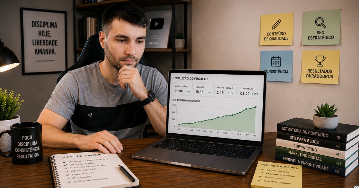 Pessoa analisando a evolução gradual de um projeto em um notebook com gráficos de crescimento constante, caderno de planejamento ao lado e ambiente organizado representando progresso sustentável.