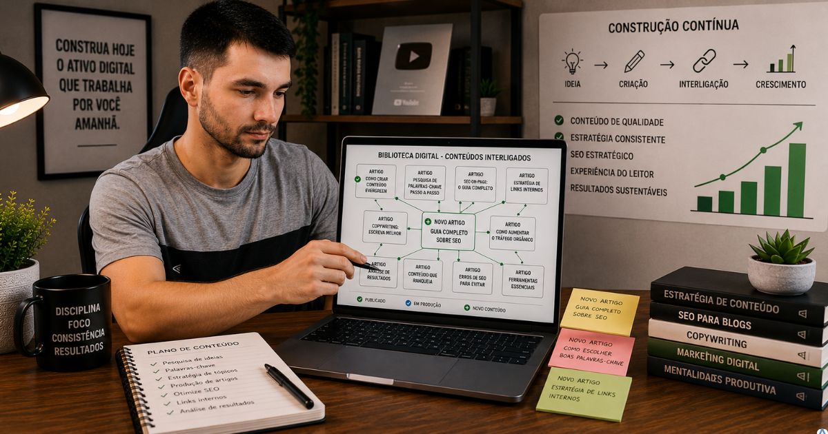 Criador de conteúdo adicionando novos artigos a uma biblioteca digital em um notebook, blocos conectados entre si, ambiente organizado transmitindo evolução gradual, estratégia e construção contínua.