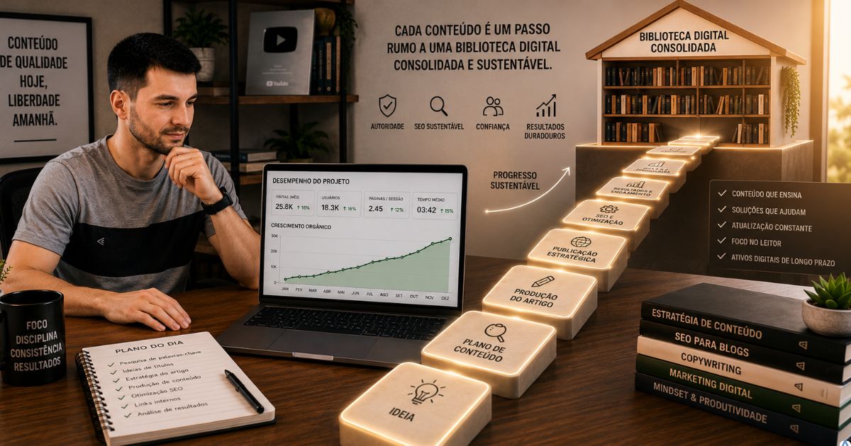 Caminho formado por blocos de conteúdo levando a uma biblioteca digital consolidada, criador observando o crescimento do projeto em um notebook, ambiente iluminado simbolizando progresso sustentável, autoridade e visão de longo prazo.