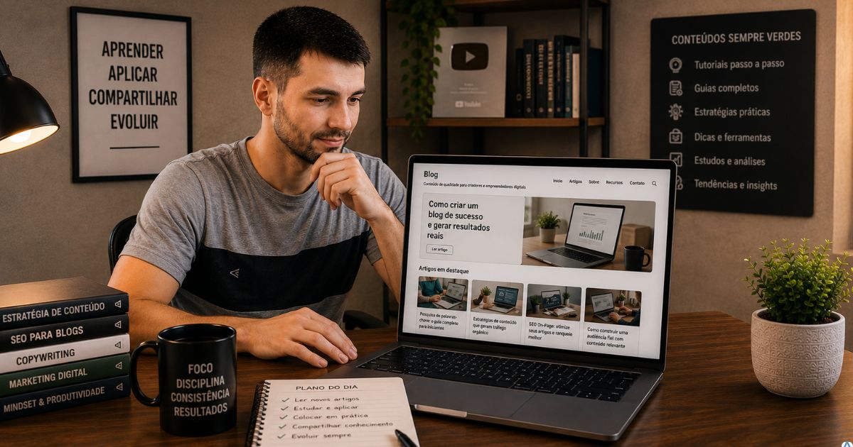 Pessoa acessando um blog em um notebook com expressão de interesse, vários artigos organizados ao fundo e ambiente moderno transmitindo curiosidade, confiança e vontade de continuar aprendendo.