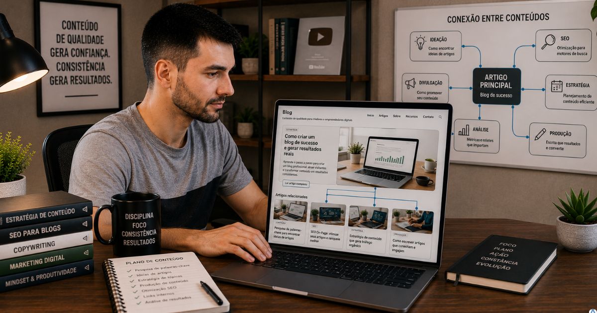 Leitor navegando entre artigos relacionados em um blog no notebook, conexões visuais entre conteúdos e ambiente organizado transmitindo continuidade, aprendizado e confiança.