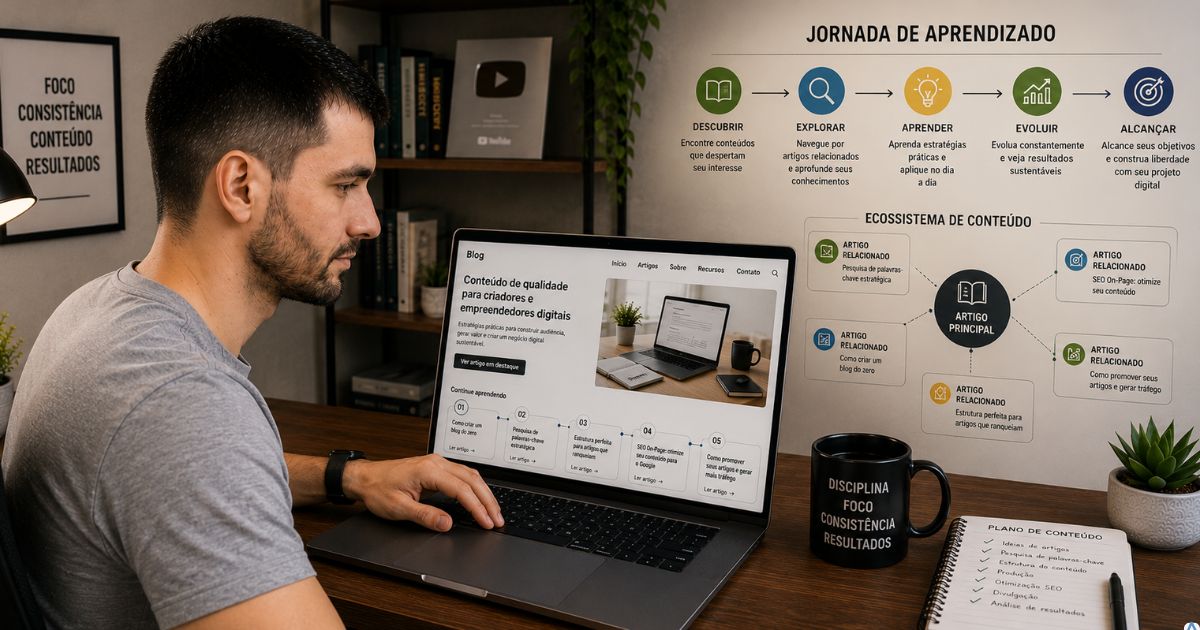 Leitor navegando por uma sequência organizada de artigos em um notebook, linhas conectando diferentes conteúdos e ambiente moderno representando jornada de aprendizado, retenção e ecossistema de conteúdo.