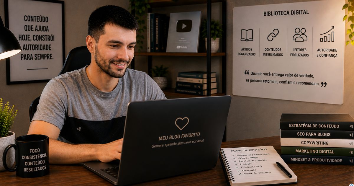Pessoa sorrindo enquanto retorna a um blog favorito em um notebook, biblioteca digital organizada ao fundo, ambiente iluminado simbolizando confiança, fidelização de leitores e construção de autoridade digital.