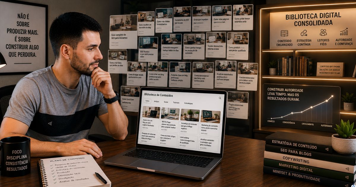 Criador de conte�do observando dezenas de publica��es espalhadas na tela enquanto uma biblioteca digital organizada cresce ao fundo, simbolizando a diferen�a entre apenas produzir conte�do e construir autoridade digital por meio da consist�ncia e da estrat�gia.