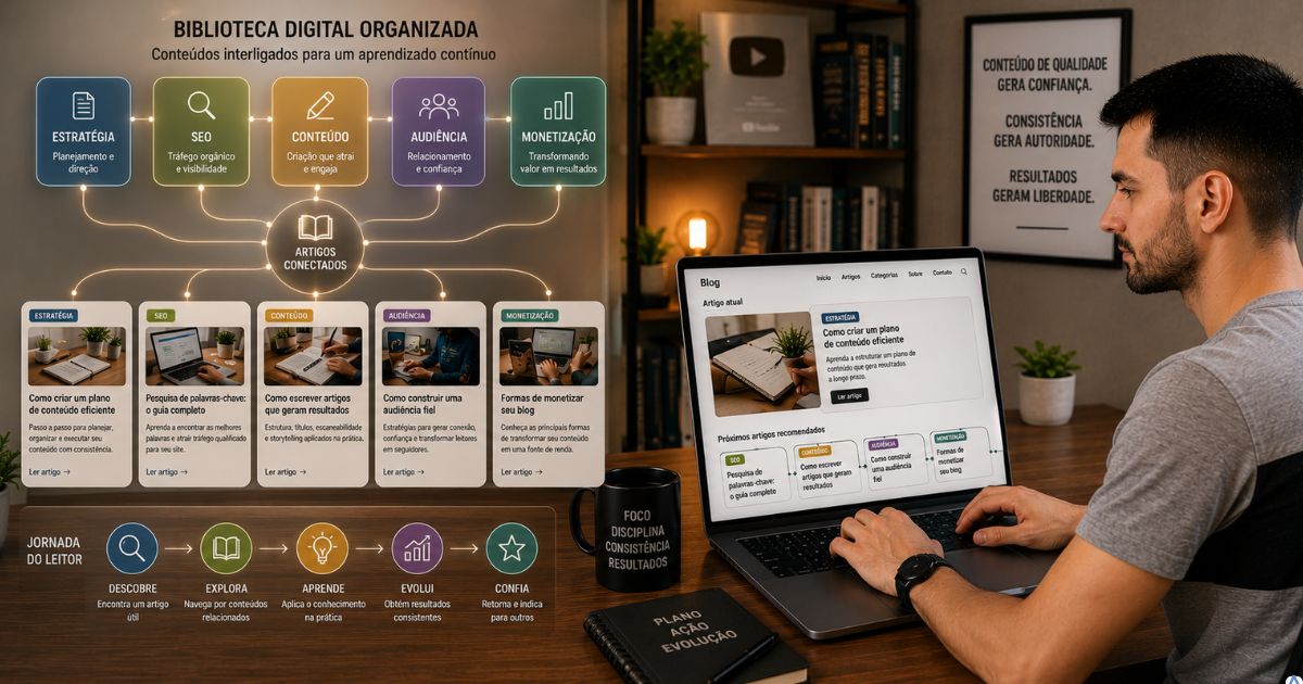 Biblioteca digital organizada em categorias interligadas, notebook exibindo artigos conectados e leitor explorando diferentes conte�dos em sequ�ncia, transmitindo autoridade, organiza��o e aprendizado cont�nuo.
