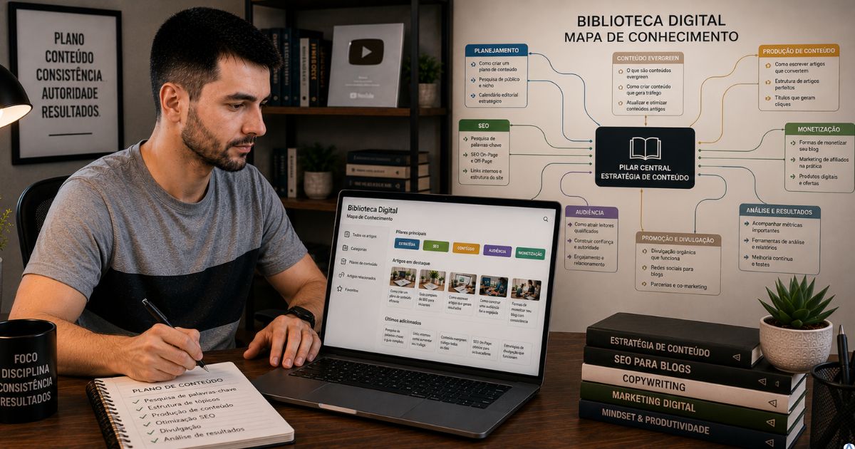 Criador organizando uma grande biblioteca digital em um notebook, artigos conectados por linhas formando um mapa de conhecimento, ambiente transmitindo planejamento, autoridade e vis�o estrat�gica de longo prazo.