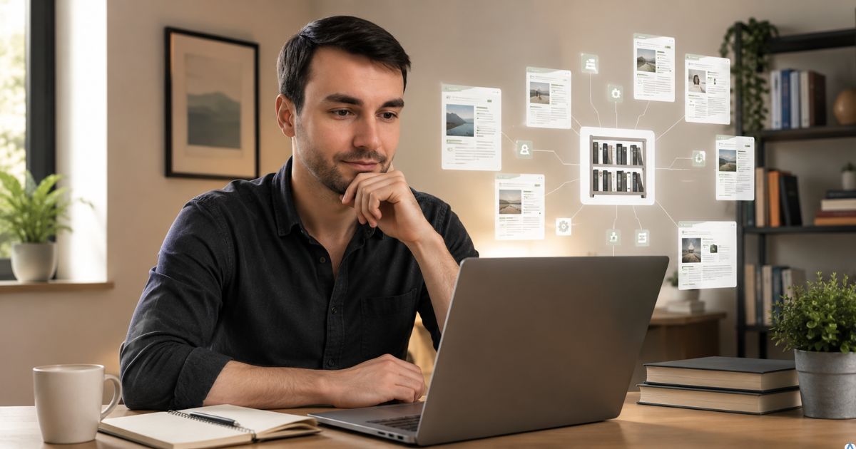 Grande biblioteca digital consolidada em um notebook, leitor explorando diversos conte�dos conectados enquanto o criador observa satisfeito o crescimento do projeto, ambiente iluminado representando autoridade digital, confian�a e constru��o de ativos de longo prazo.