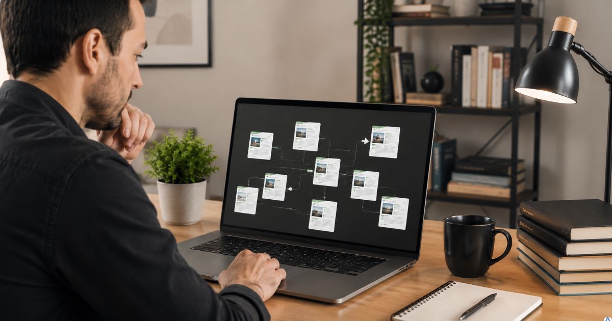 Notebook exibindo diversos artigos conectados por links internos formando uma jornada de aprendizado, leitor navegando entre eles e ambiente organizado transmitindo continuidade e experiência do usuário.