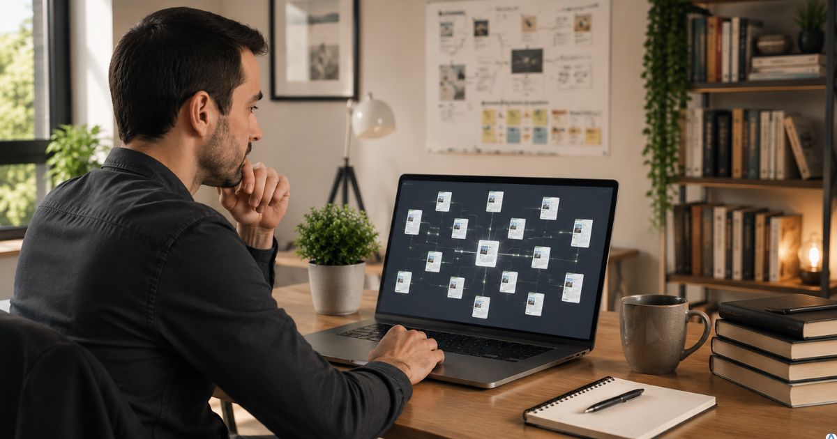 Grande biblioteca digital totalmente conectada, leitor navegando naturalmente entre diversos artigos relacionados em um notebook, ambiente iluminado representando autoridade temática, experiência do usuário e crescimento orgânico sustentável.
