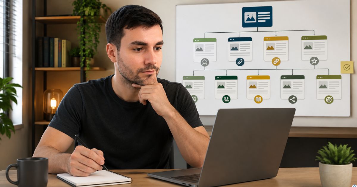 Criador de conteúdo organizando artigos em um mapa estratégico com objetivos definidos para cada conteúdo.