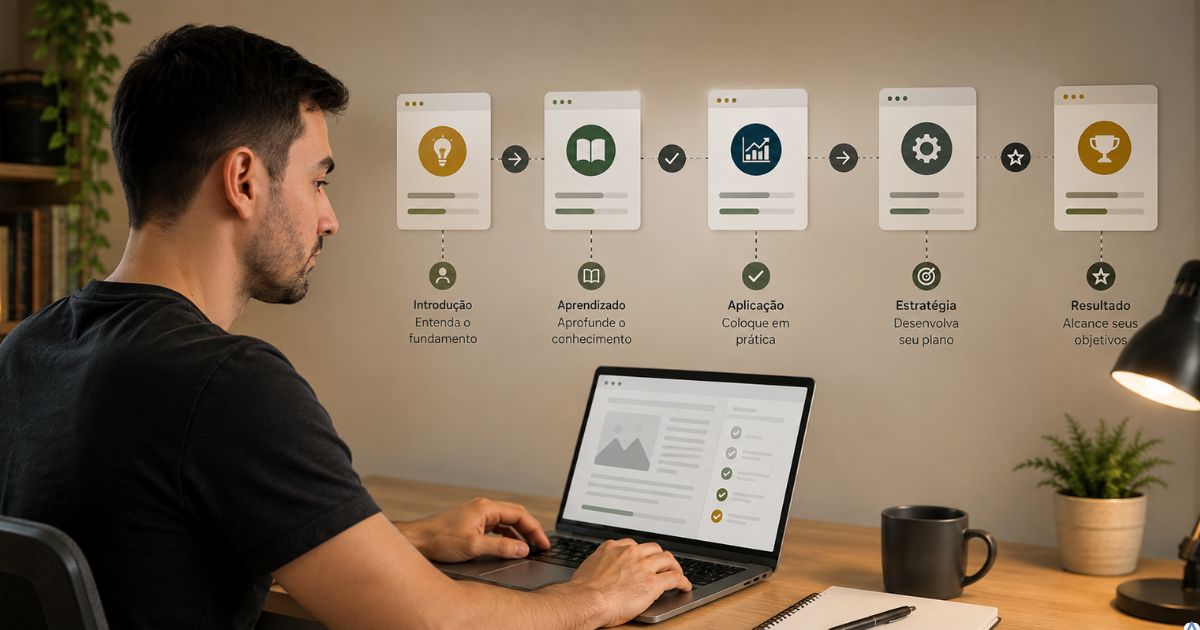 Jornada de aprendizado representada por diferentes conteúdos conectados, leitor avançando de uma etapa para outra em um notebook, cada publicação cumprindo uma função específica dentro de um sistema organizado.