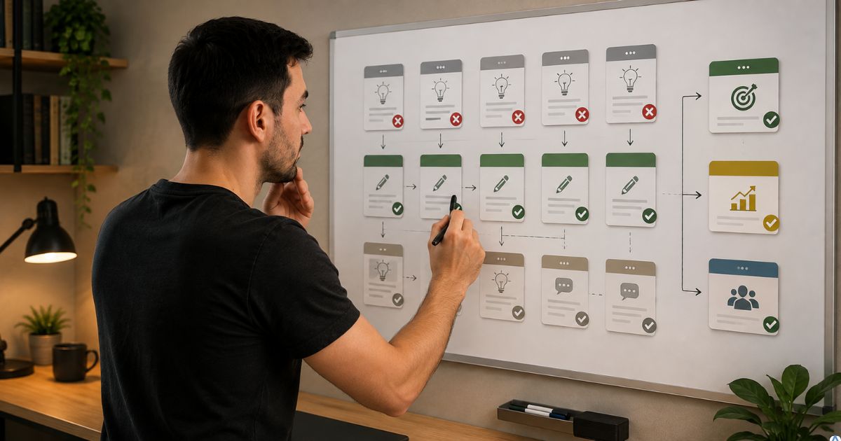 Criador analisando várias ideias de conteúdo em um quadro estratégico, selecionando apenas as que possuem função clara, ambiente organizado representando foco, priorização e consistência.