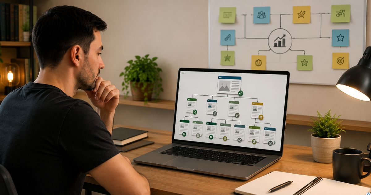Ecossistema digital completo em um notebook, vários conteúdos conectados formando uma estrutura sólida e crescente, criador observando o projeto com clareza, simbolizando estratégia, autoridade e construção de ativo digital.