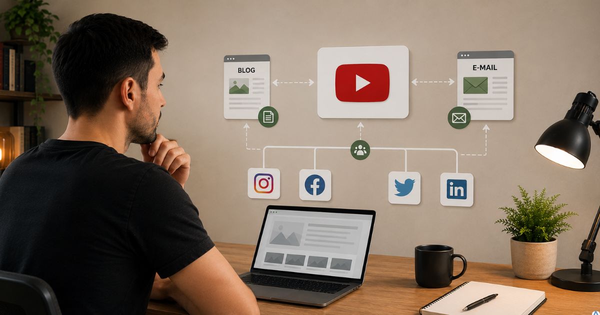 Ecossistema digital organizado mostrando YouTube como canal central conectado a blog, e-mail e redes sociais, visual limpo e estrat�gico representando um projeto �nico com diferentes pontos de apoio.