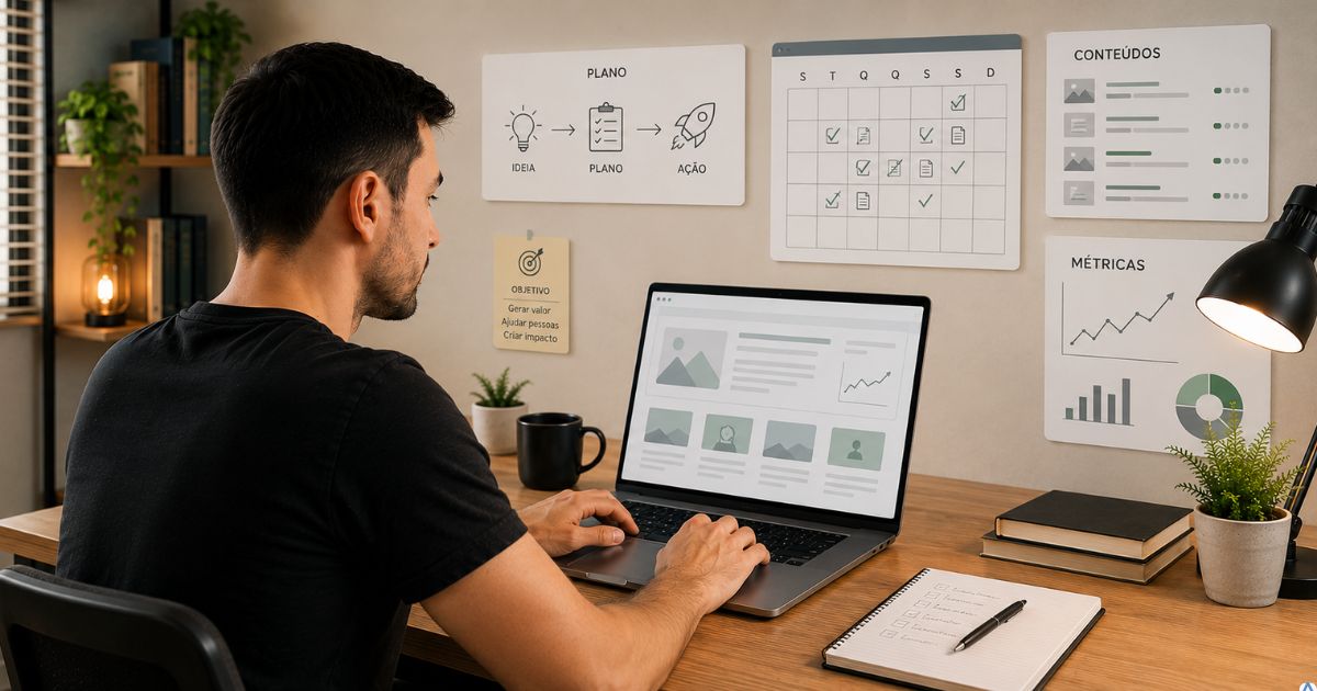 Pessoa transformando um planejamento simples em um projeto digital funcionando no notebook, calend�rio, conte�dos e m�tricas organizados ao redor, simbolizando execu��o, aprendizado e evolu��o cont�nua.