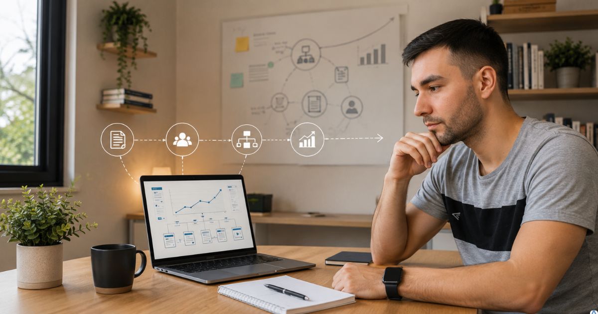 Projeto digital crescendo gradualmente em um notebook, conte�dos, audi�ncia e estrutura conectados formando uma base s�lida, criador observando o progresso, atmosfera de constru��o sustent�vel e longo prazo.