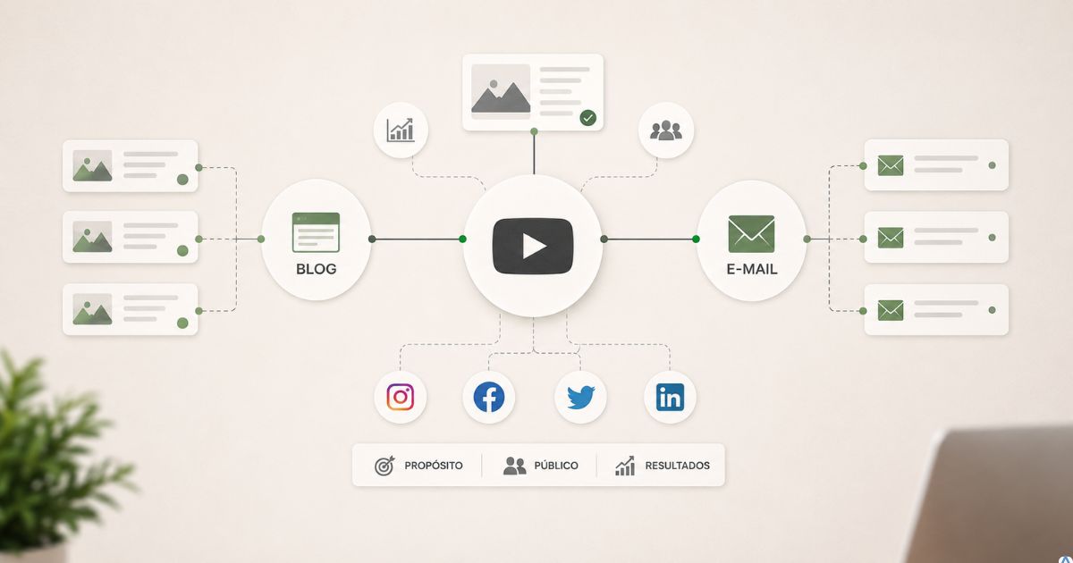 Ecossistema de conte�do organizado com um canal principal conectado a blog, e-mail e redes sociais, linhas formando uma estrutura �nica, visual minimalista, conceito de foco e integra��o