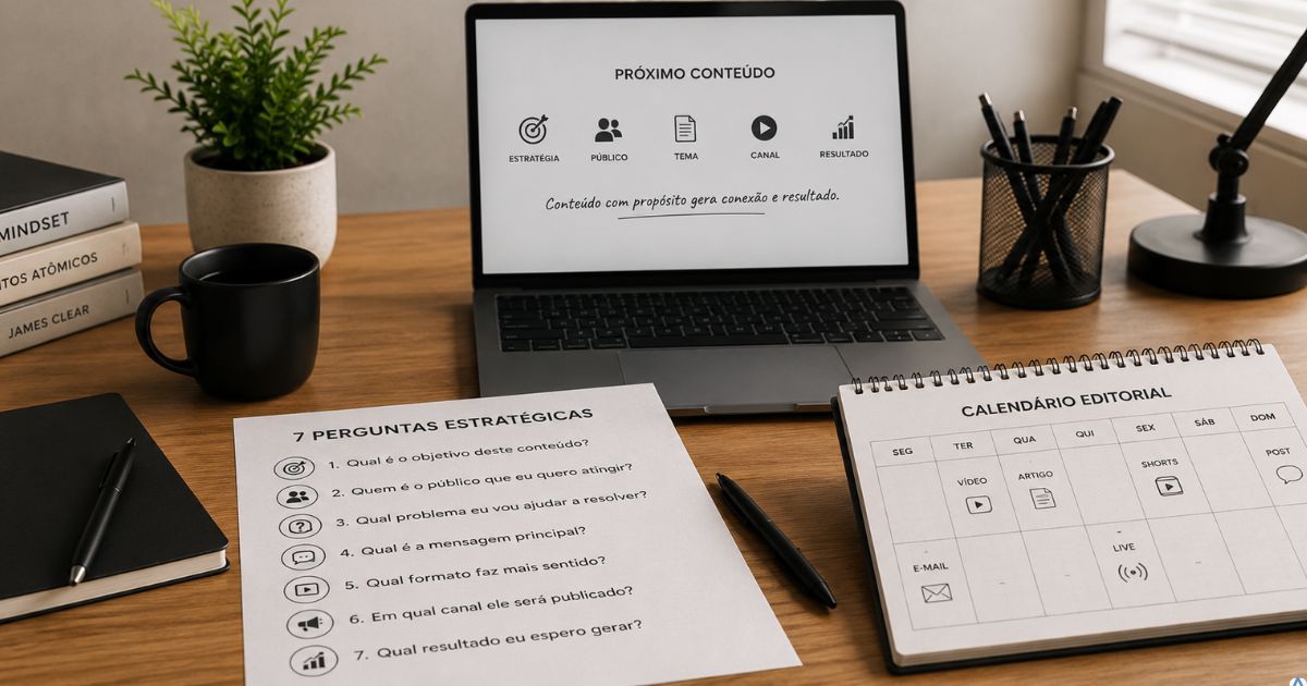 Mesa organizada com uma folha contendo sete perguntas estrat�gicas ao lado de notebook e calend�rio editorial, criador preparando o pr�ximo conte�do com foco e clareza, est�tica minimalista